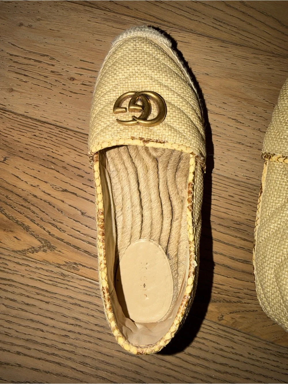 Gucci Natural Beige Canvas Espadrille Flats with Gold Double G